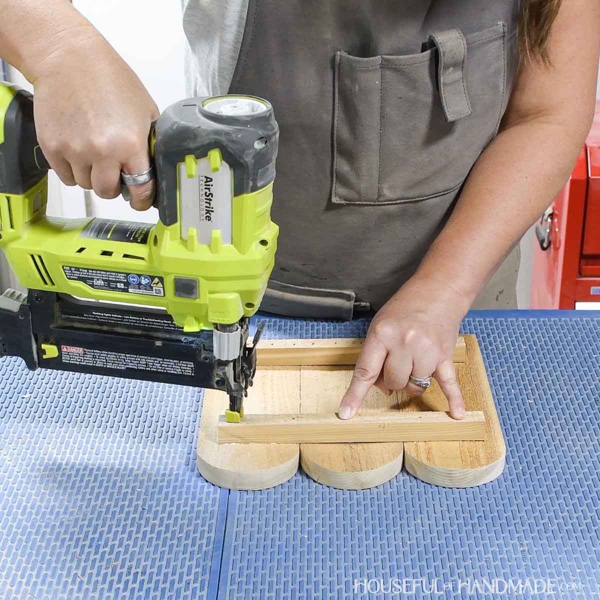 Assembling the side pieces with brad nails. 