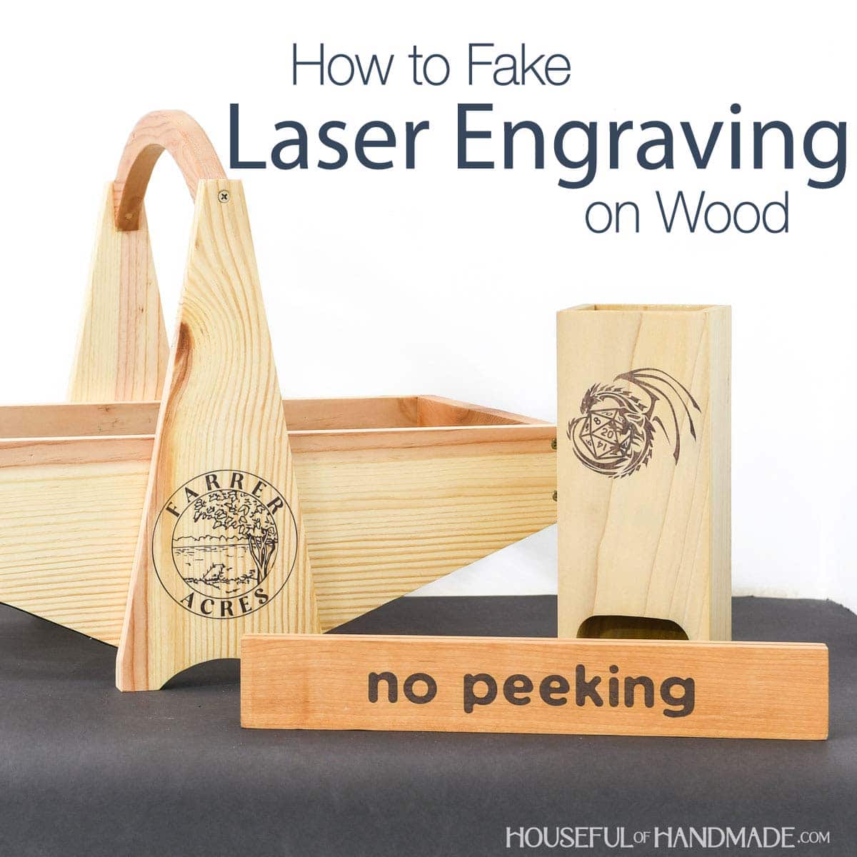 Three wood projects with design on the front that looks like it was laser engraved.