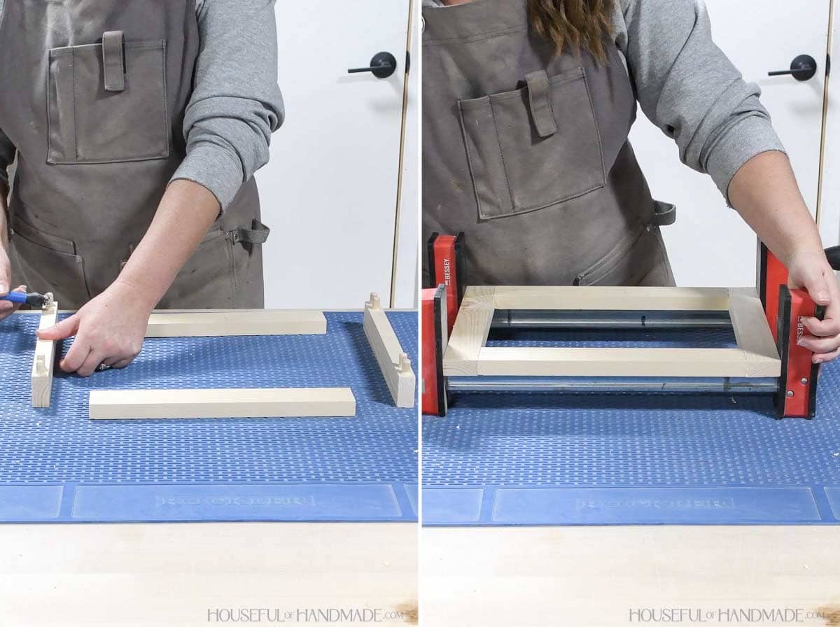 Assembling the door frame with dowels. 