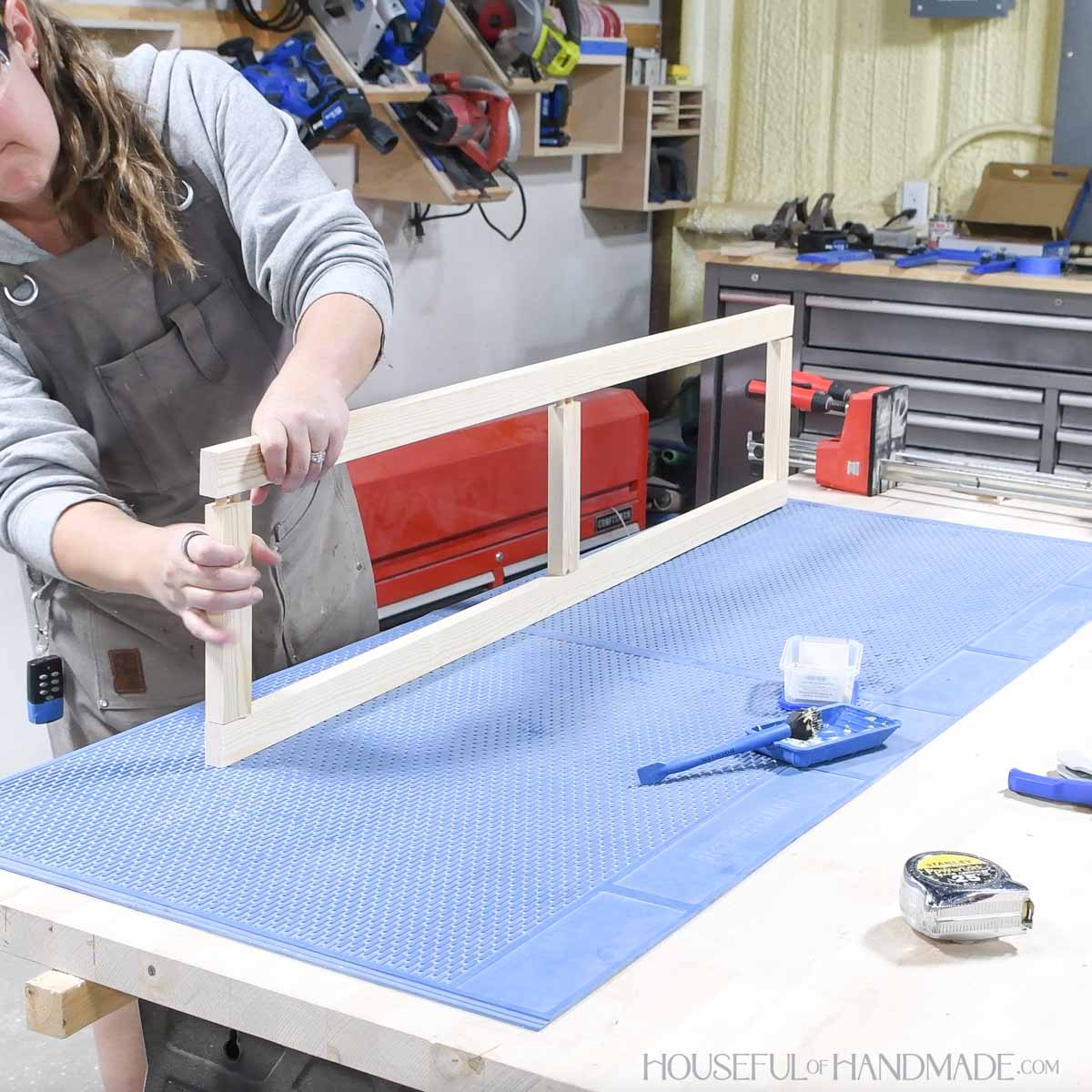 Tall door frame assembled with a center rail. 