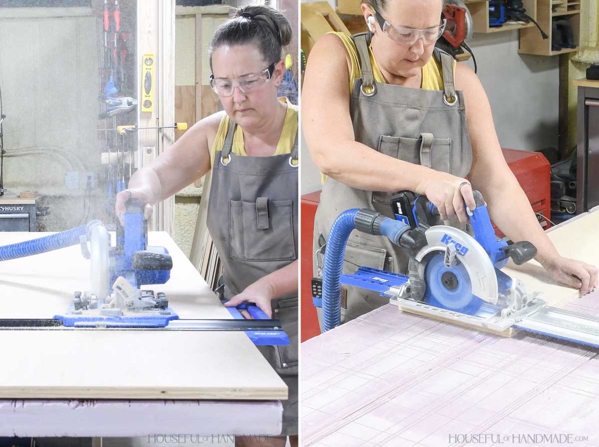 Cutting plywood with a circular saw and Kreg Tools cutting guides. 