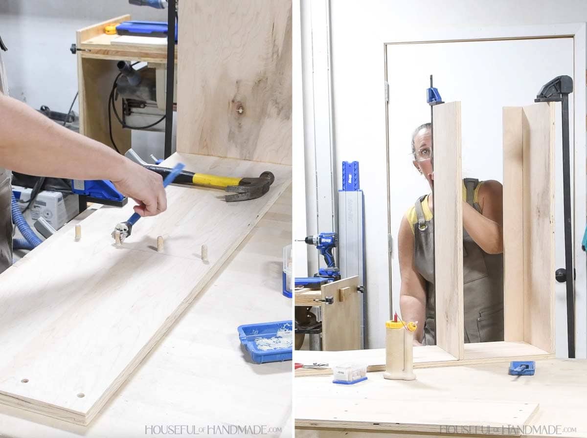 Attaching shelf boards with glue and dowels. 