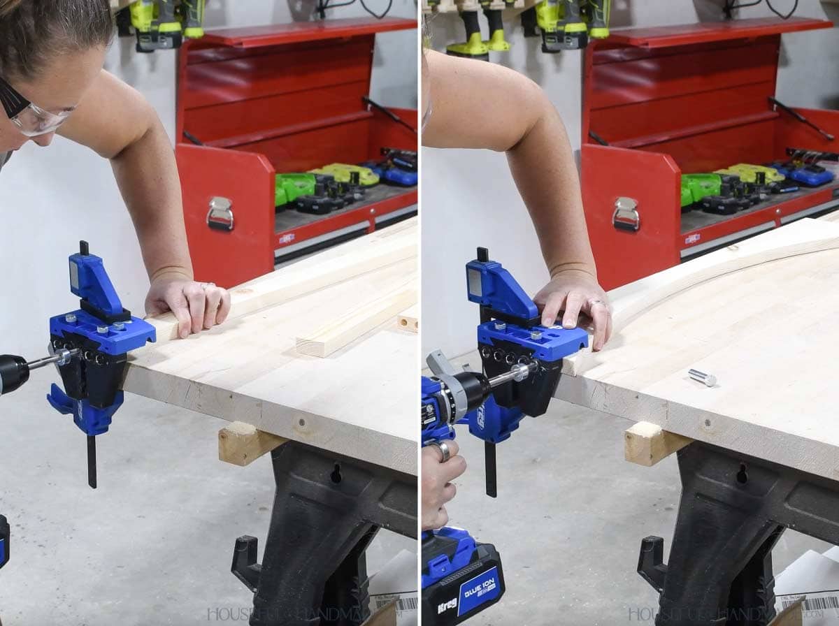 Drilling dowel pin holes in face frame rails. 