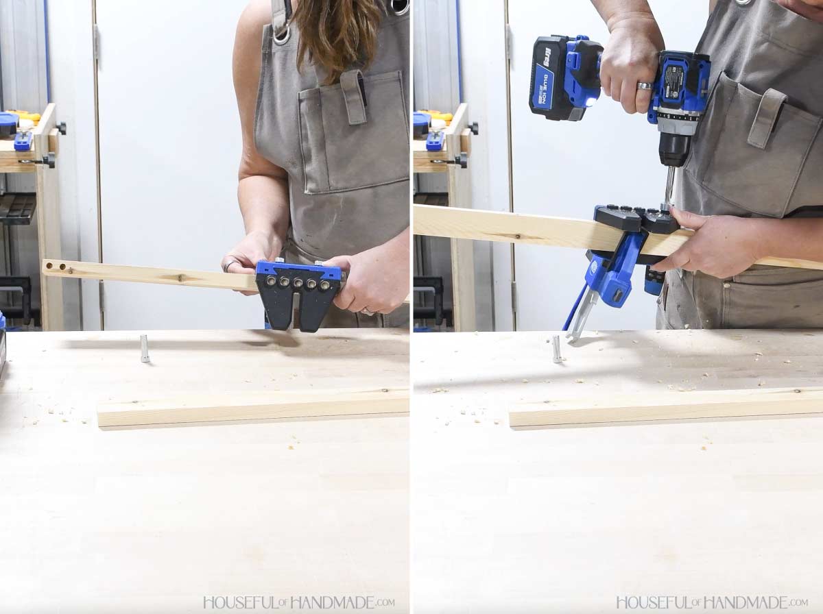 Drilling dowel pin holes in side of face frame stiles. 