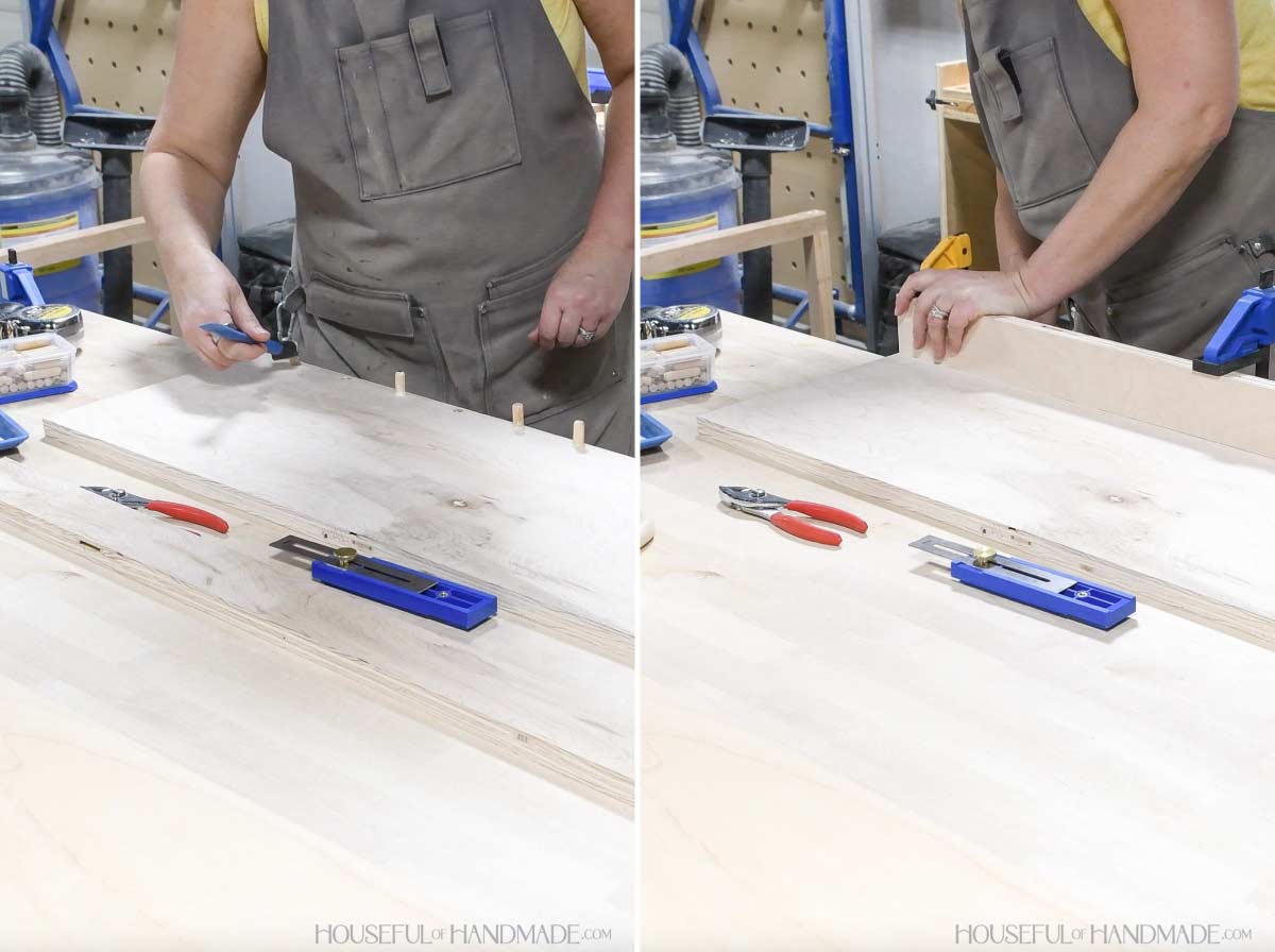 Attaching the back support piece with dowel pins. 