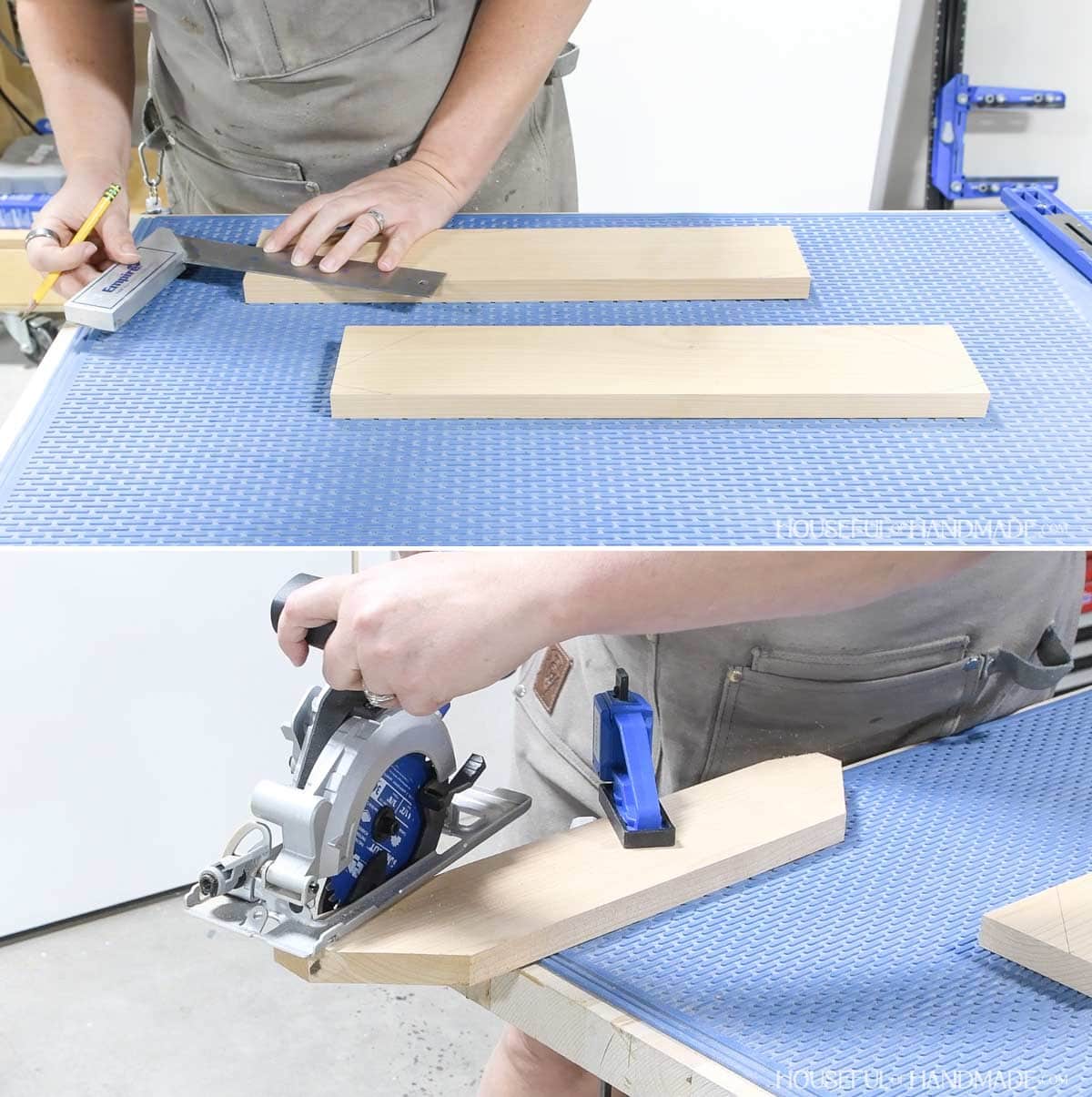 Measuring out the diagonal lines on the boards and cutting them with a circular saw.