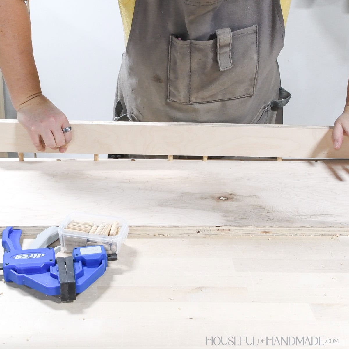 Dry fitting a dowel joint. 