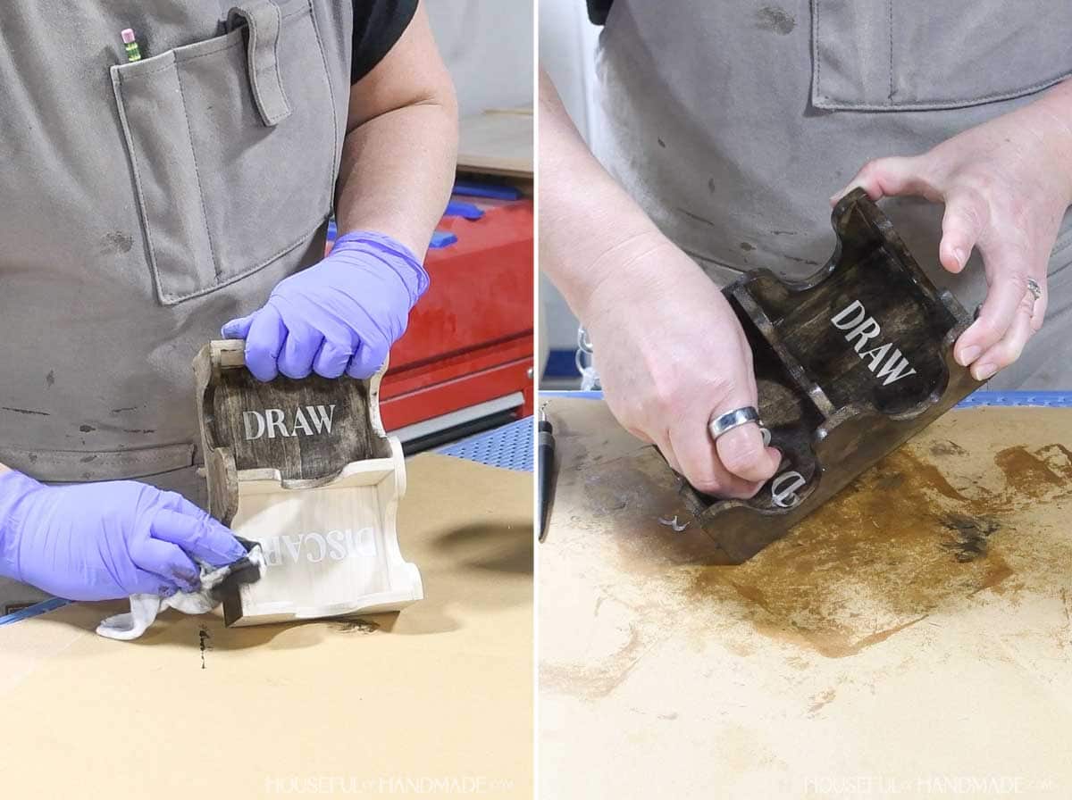 Sealing the finished tray with vinyl letters in the bottom. 