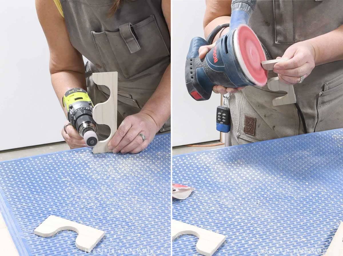 Sanding the curved design on the side boards. 