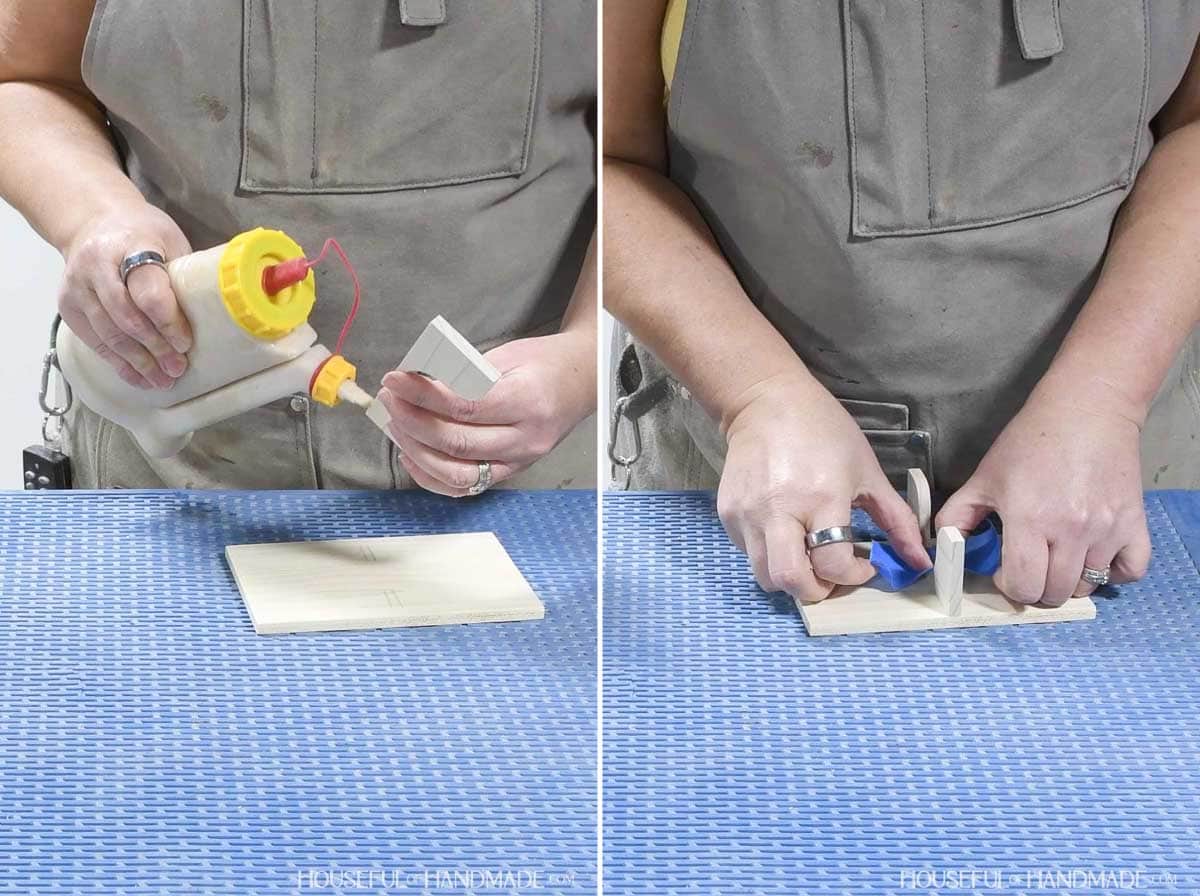 Glueing the center board on top of the base piece. 
