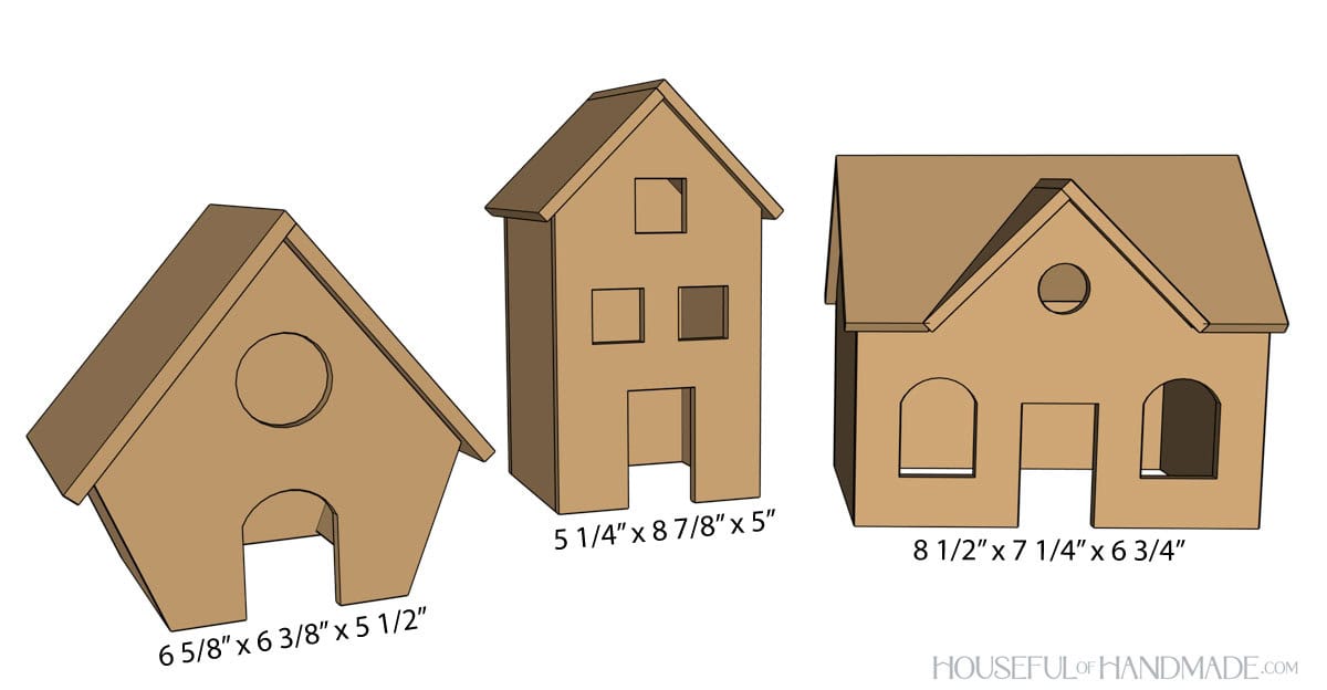 3D sketch of three gingerbread houses with dimensions noted. 