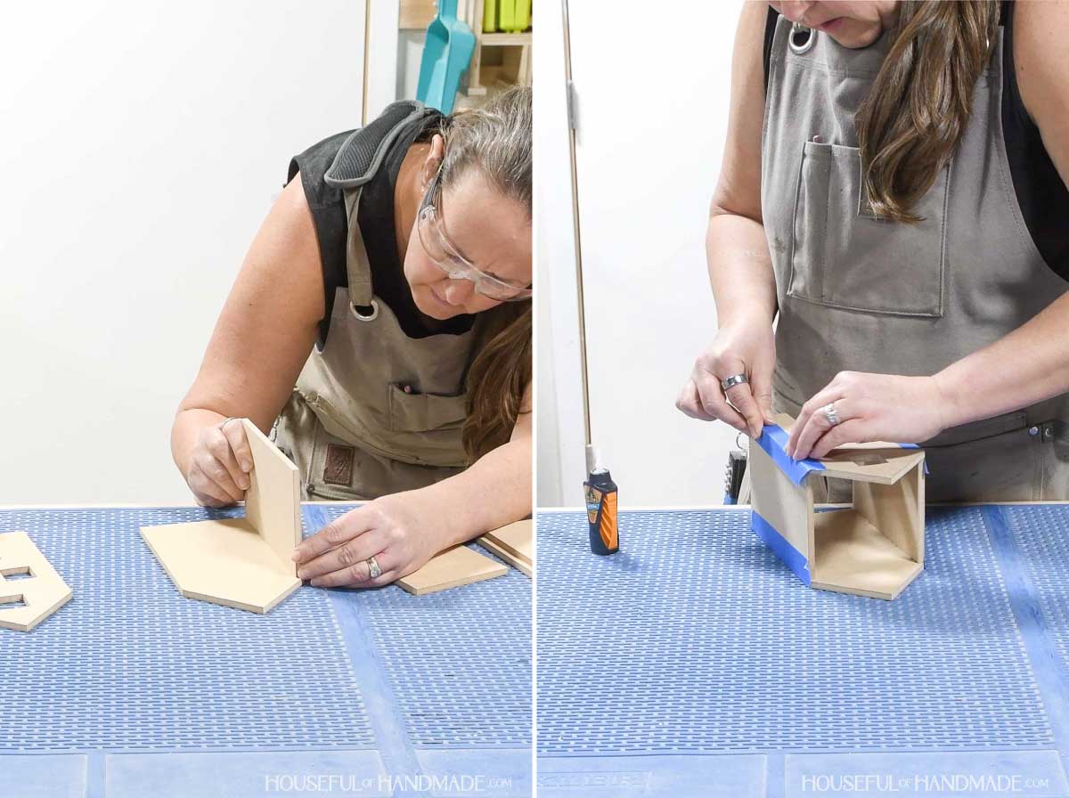 Glueing the gingerbread house sides to the front and back. 