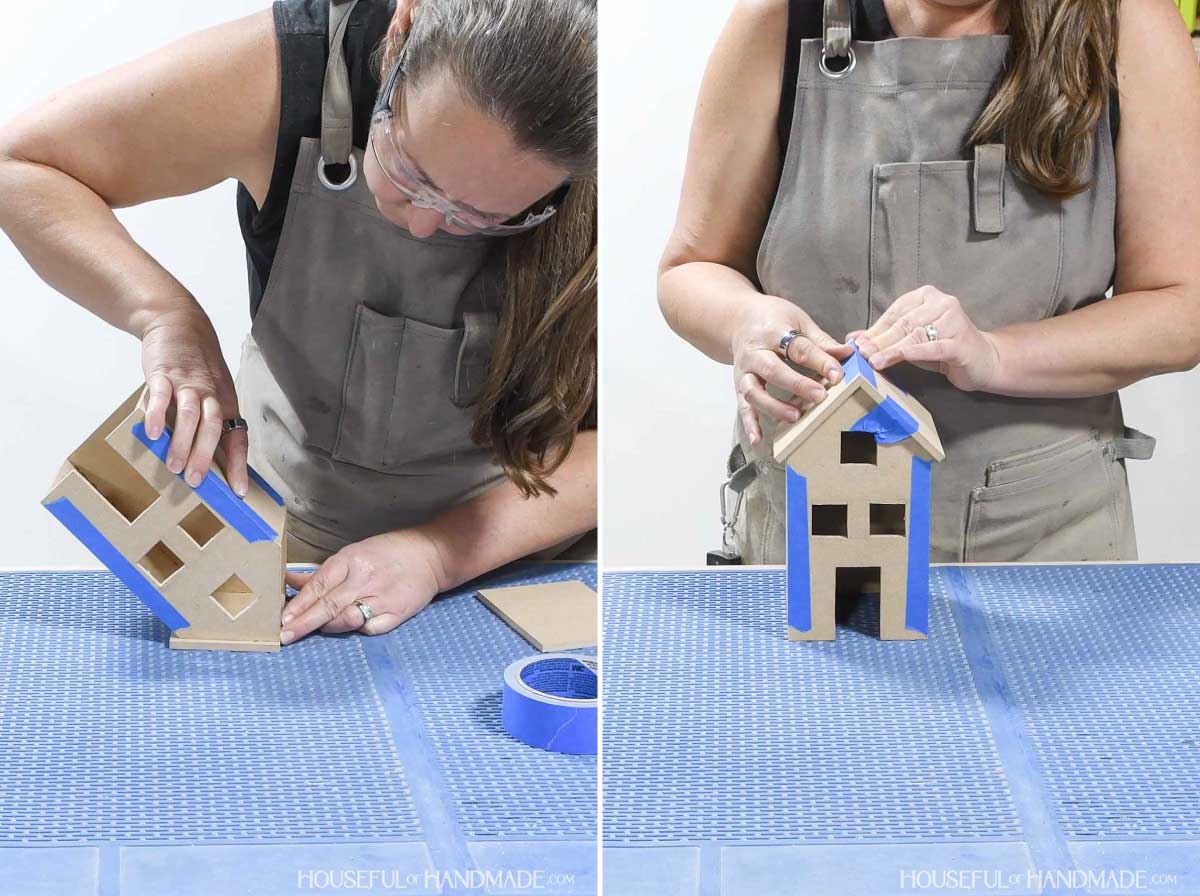 Glueing the roof on the wood houses. 