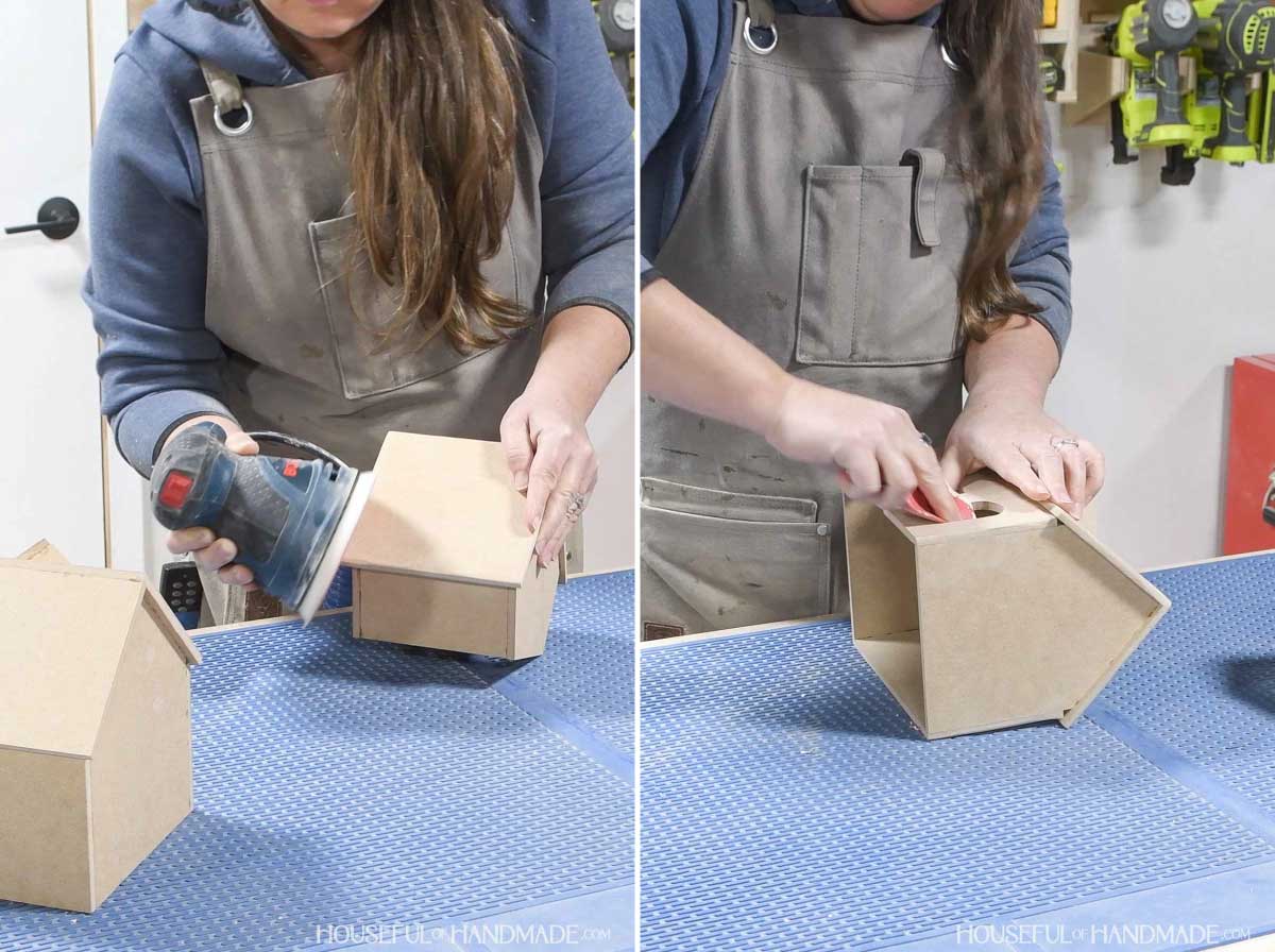 Sanding the wood gingerbread houses. 