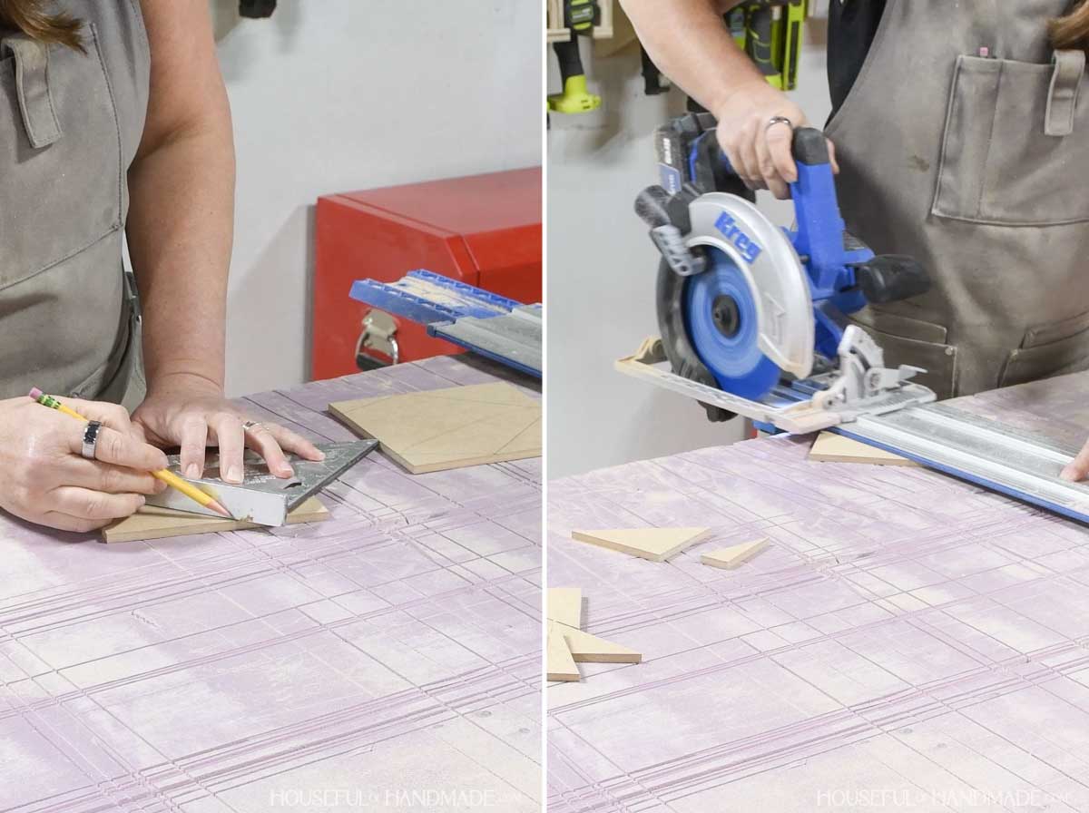Measuring out angled cuts and cutting with a circular saw. 
