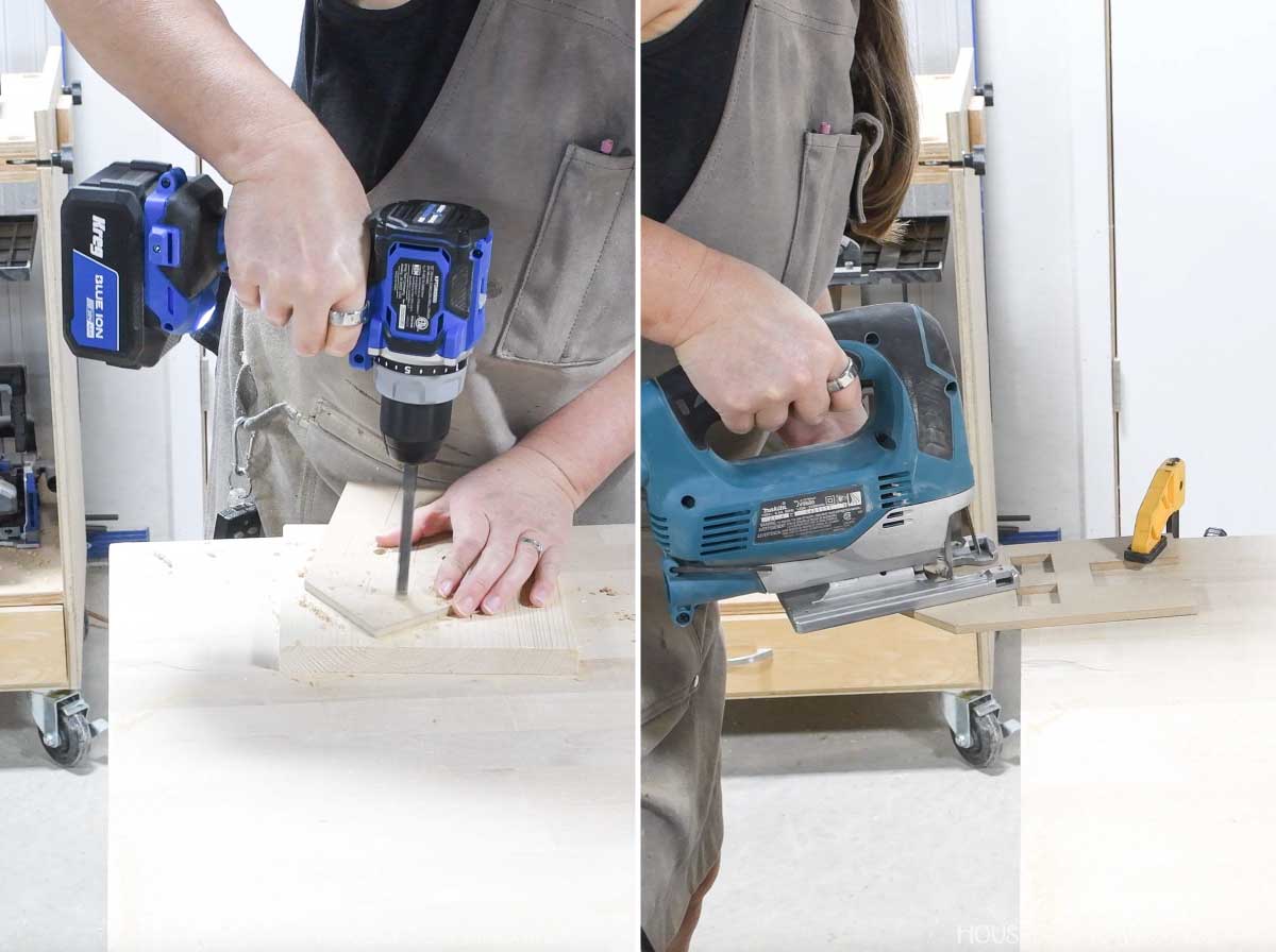 Drilling holes for jig saw blades and cutting window shapes. 