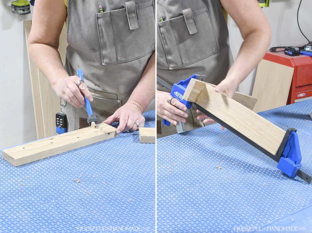Attaching the two boards together with dowels.