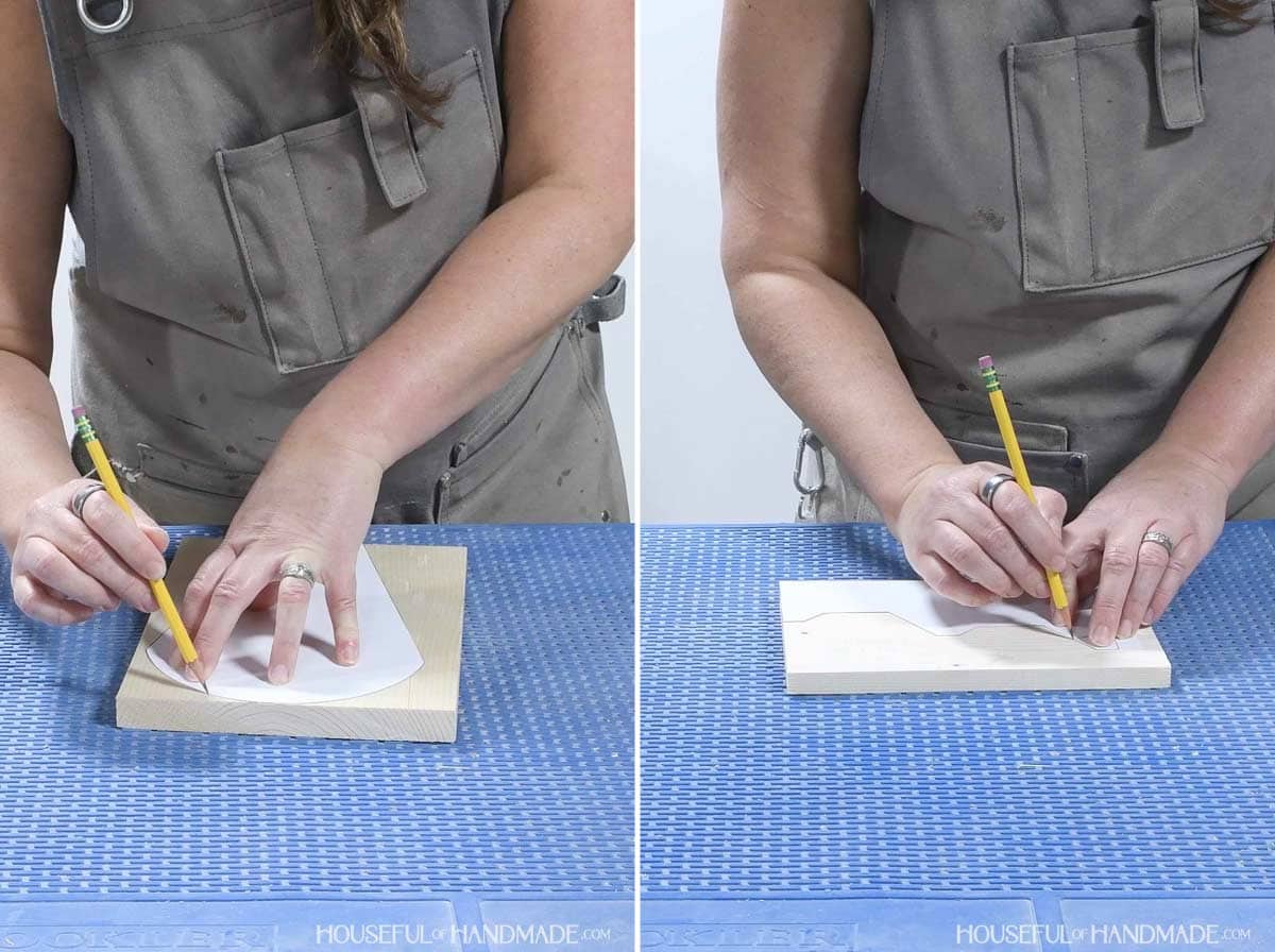 Tracing templates on the wood pieces.