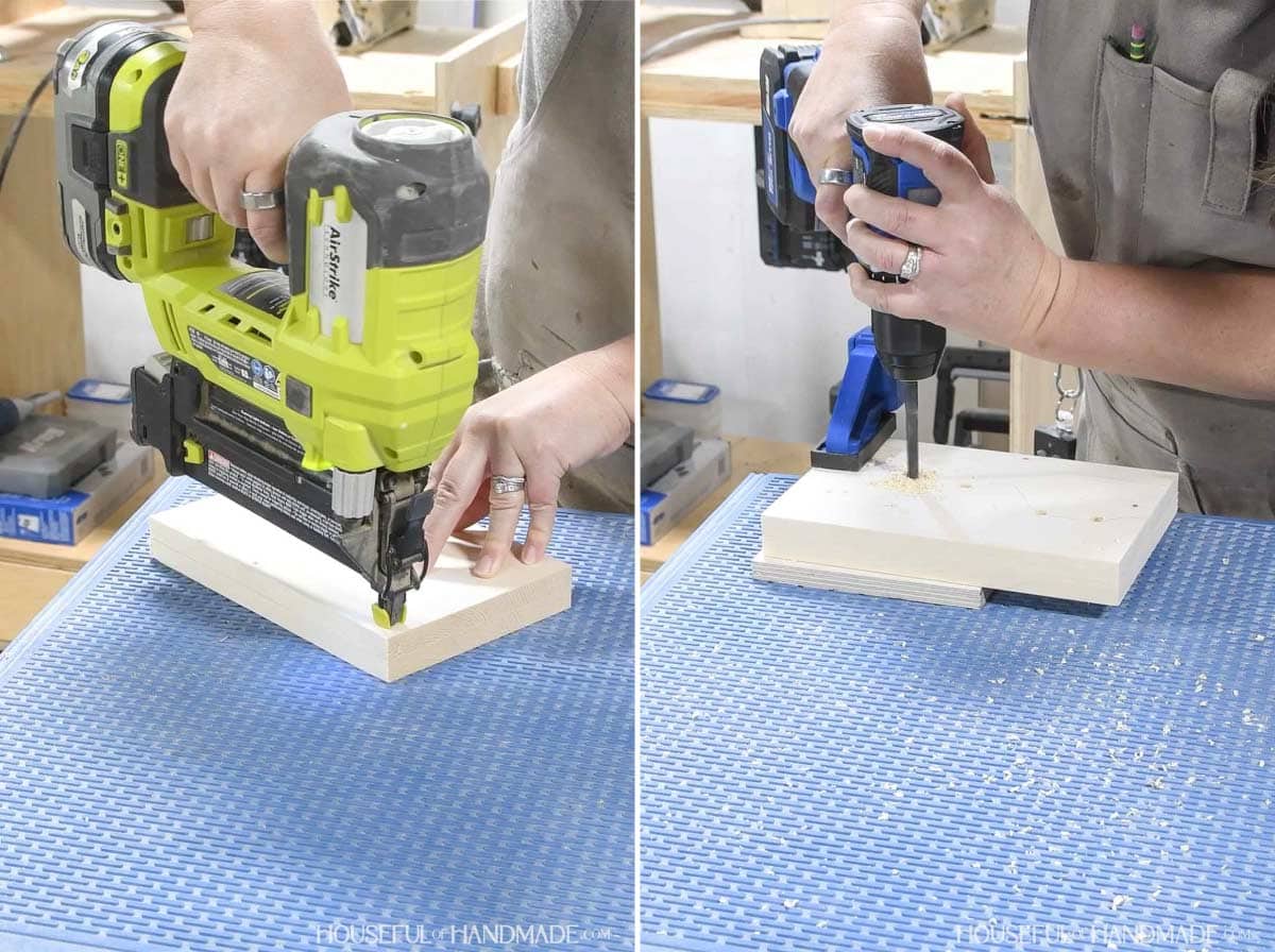 Attaching two boards with nails and drilling holes for pivot points.