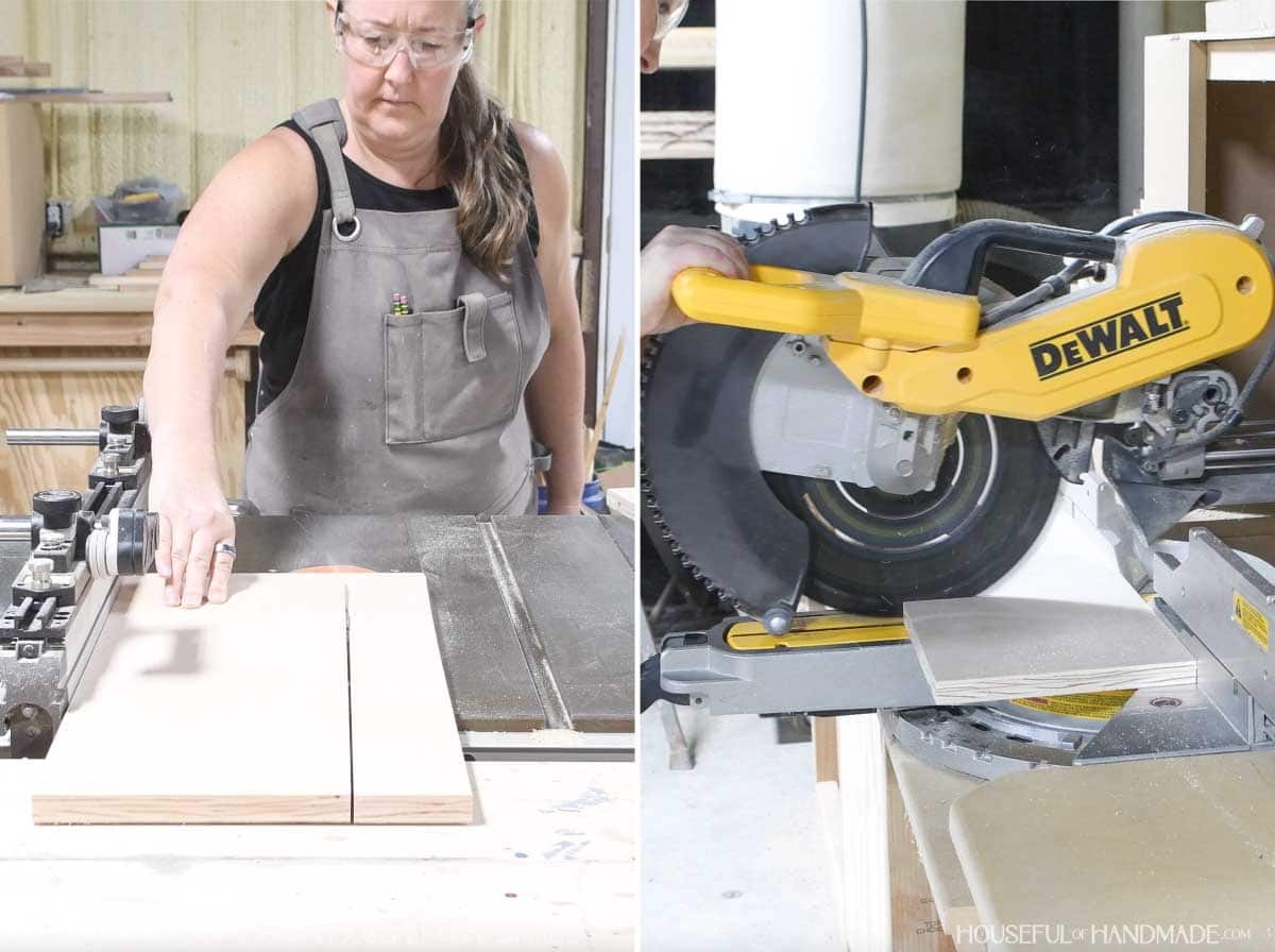 Cutting plywood scraps to size with a table saw and miter saw.