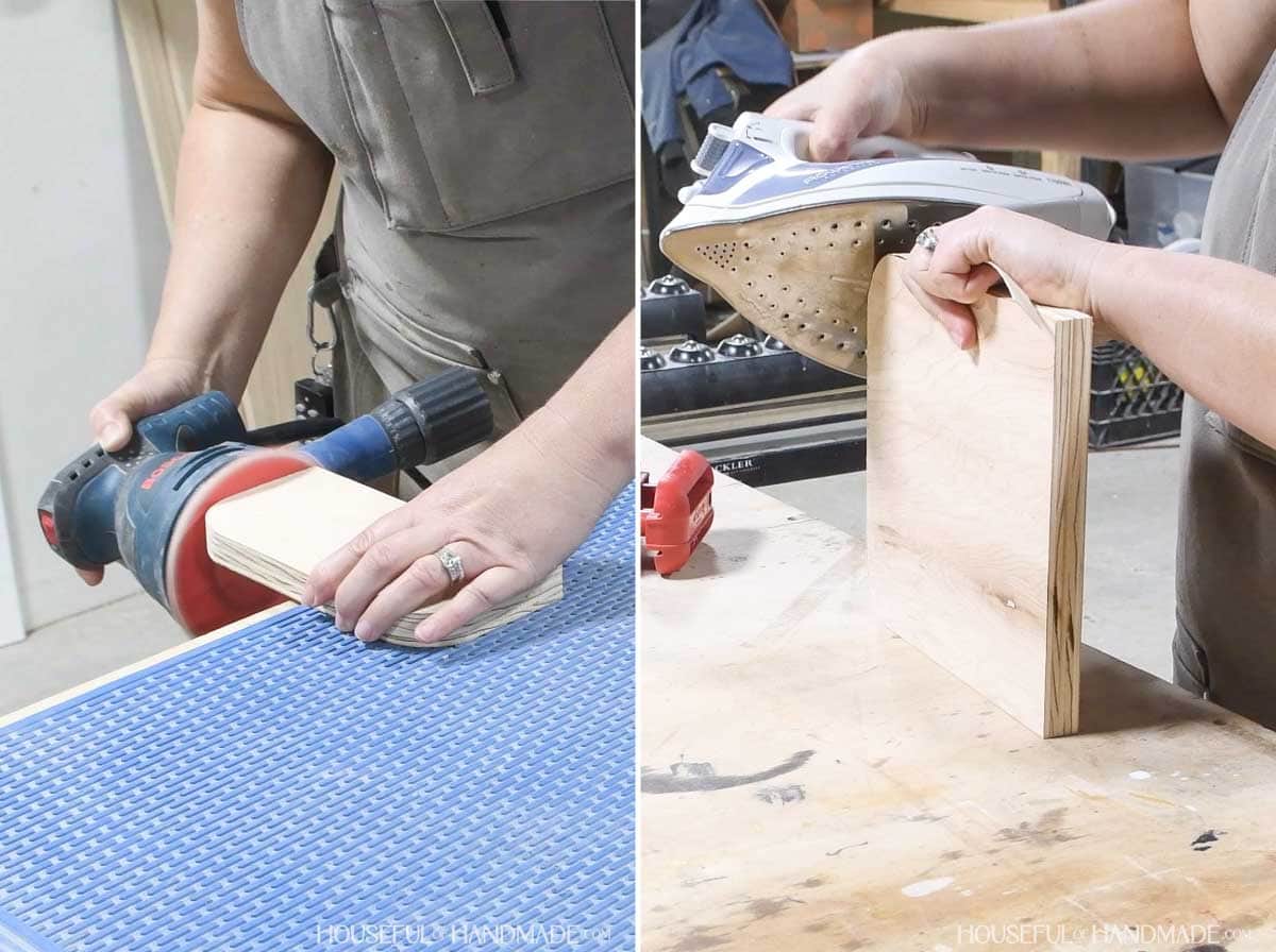 Sanding the corners and then adding iron on edge banding.