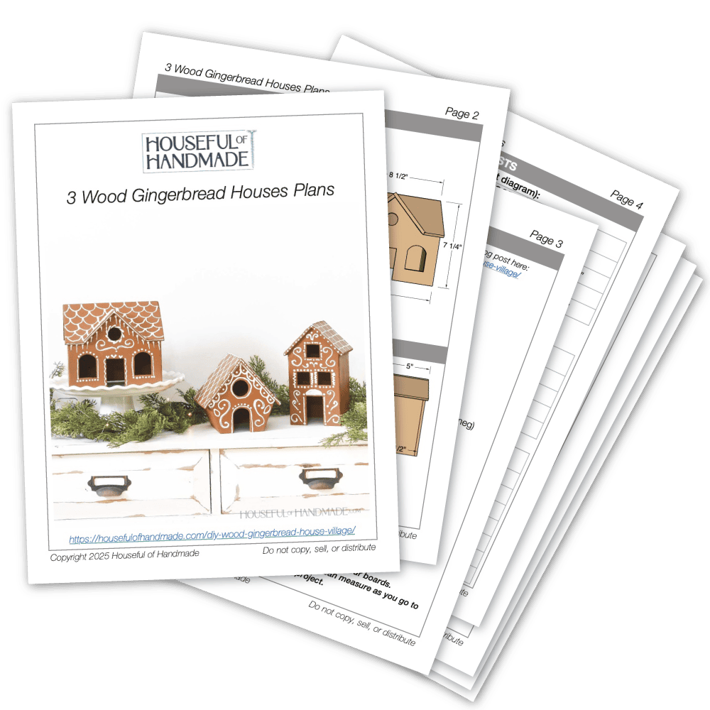 PDF plans for 3 different styles of wood gingerbread houses.