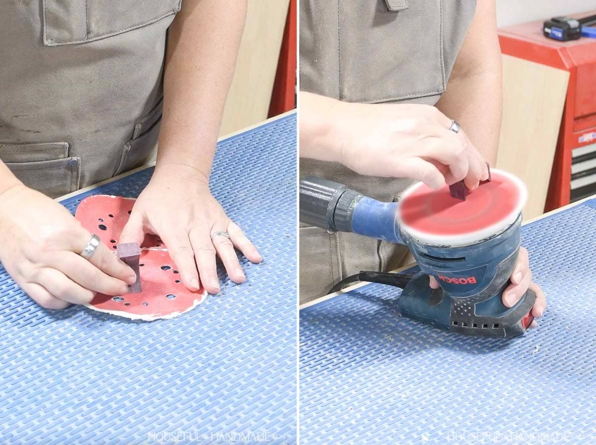 Sanding the spoon handle holder.