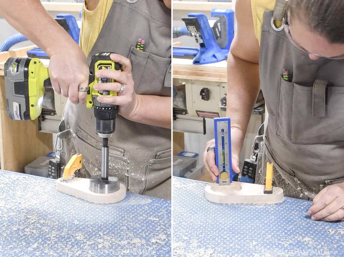 Drilling a flat bottomed hole in the spoon rest base.