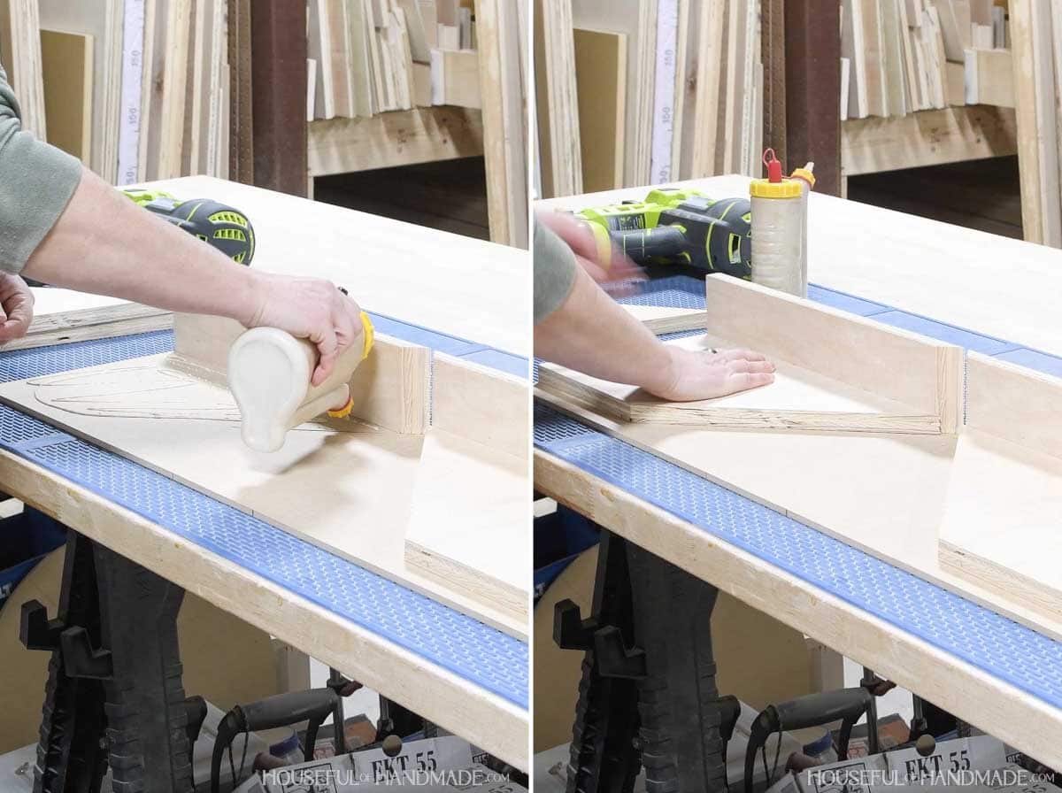 Glueing the first board for the fence on the base.