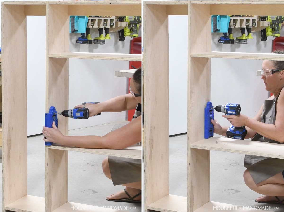 Using the shelf pin jig with the fence attached to add holes inside a cabinet.