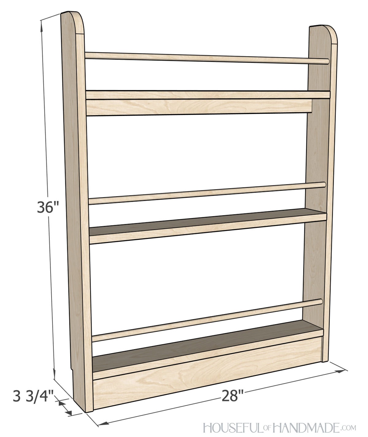 3D sketch of the narrow behind the door shelf with dimensions noted. 