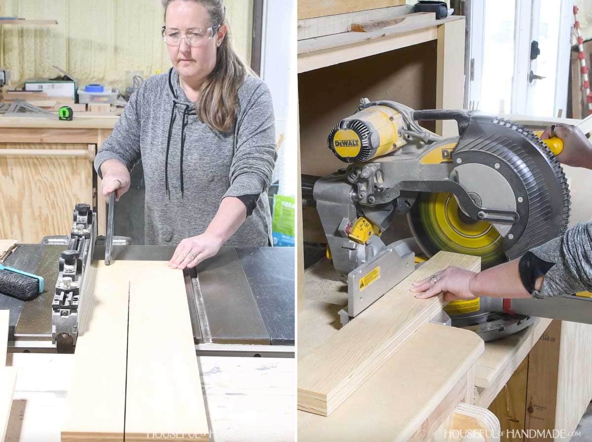 Cutting thin strips of plywood on the table saw and then cutting to length on a miter saw. 