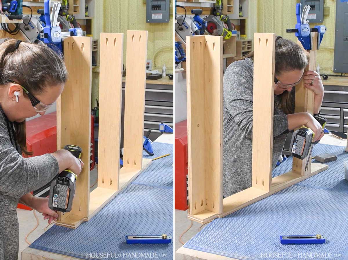 Attaching the toe kick and back support with pocket holes. 