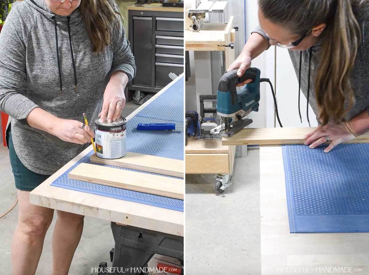 Adding a curve to the top of the shelf with a jig saw. 
