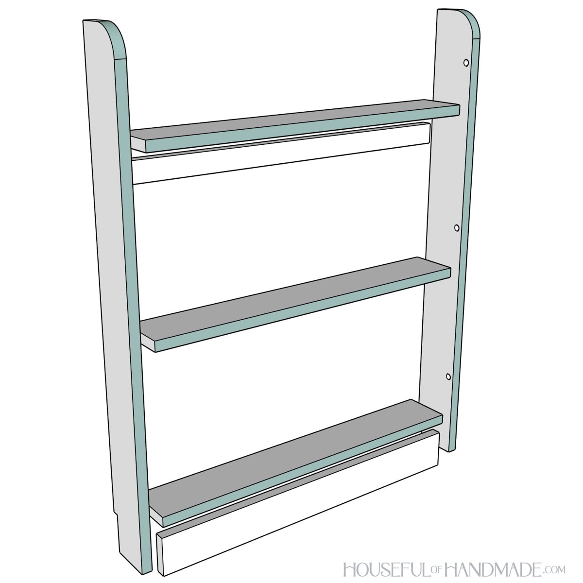 3D sketch of where to add edge banding on the plywood shelf. 