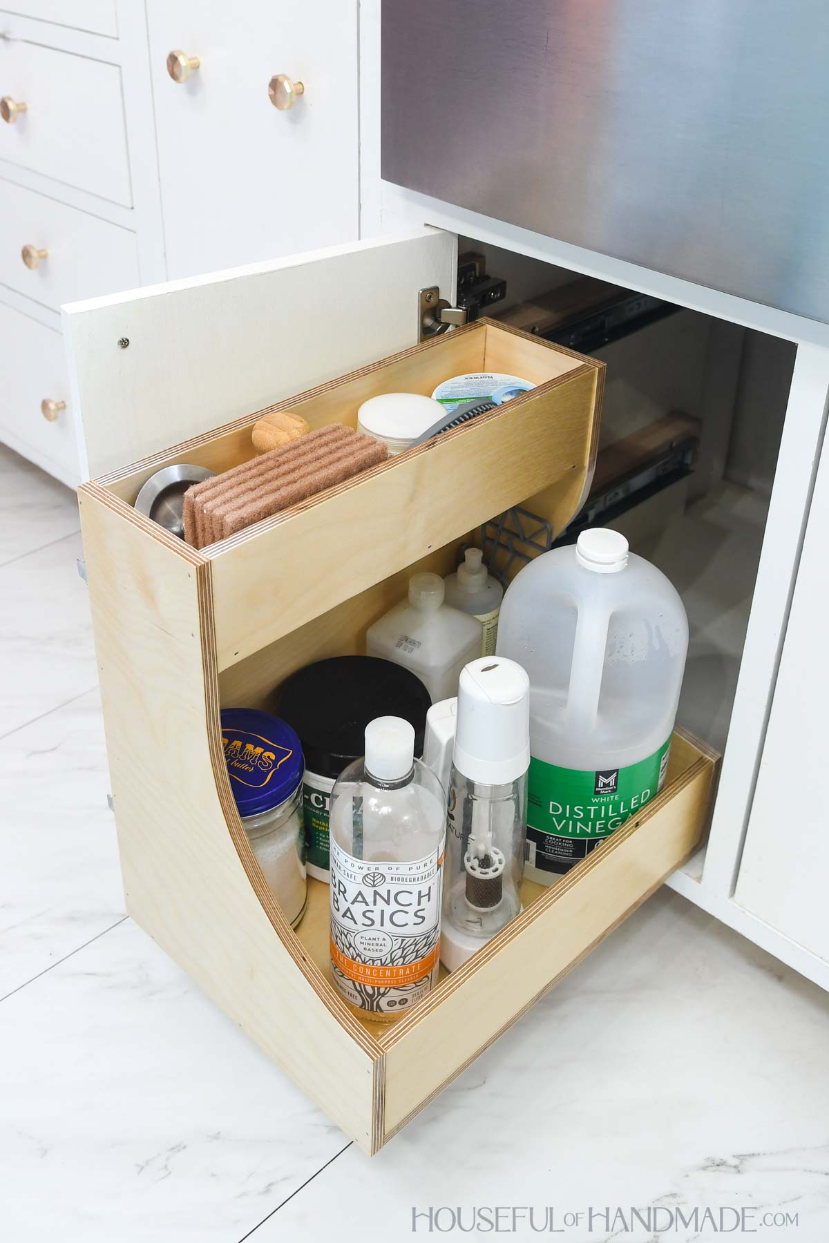 Drawer organizer under a kitchen sink with small area on top to hold sponges. 
