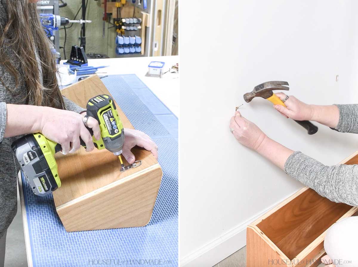 Adding D-rings to the back of the shoe storage rack and hanging it on the wall.