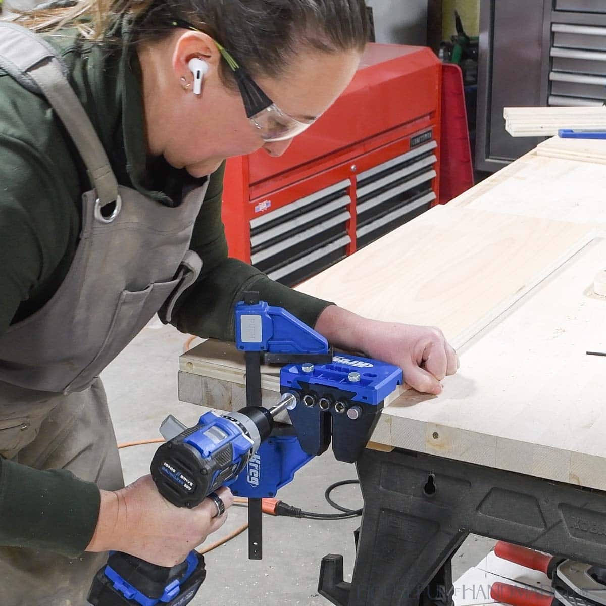 Drilling dowel holes in the  end of the back board. 