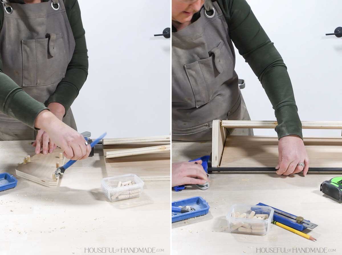 Glueing dowels into the second side and clamping together. 