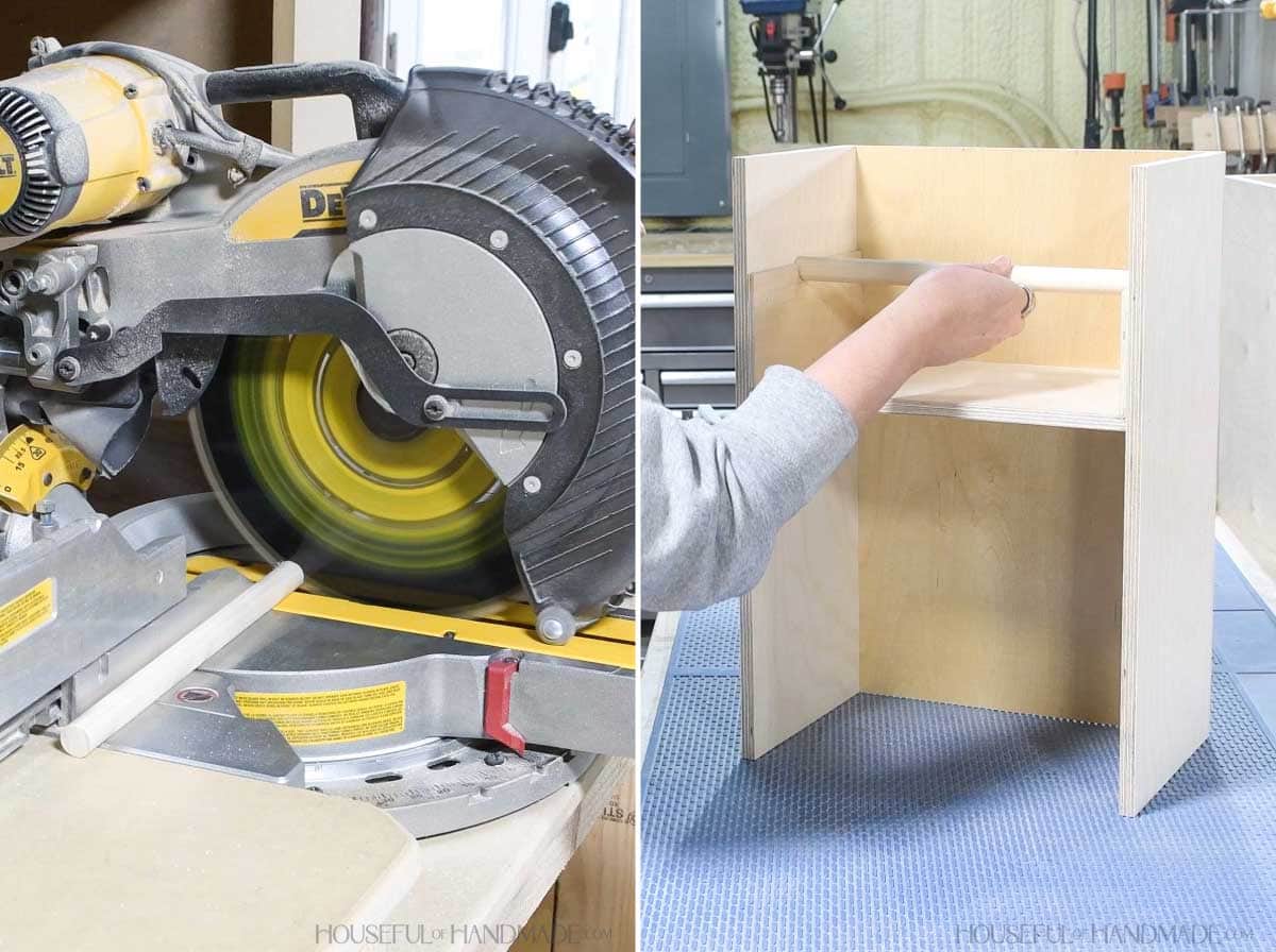 Cutting a dowel and sliding it into the notches on the sides of the shelf. 