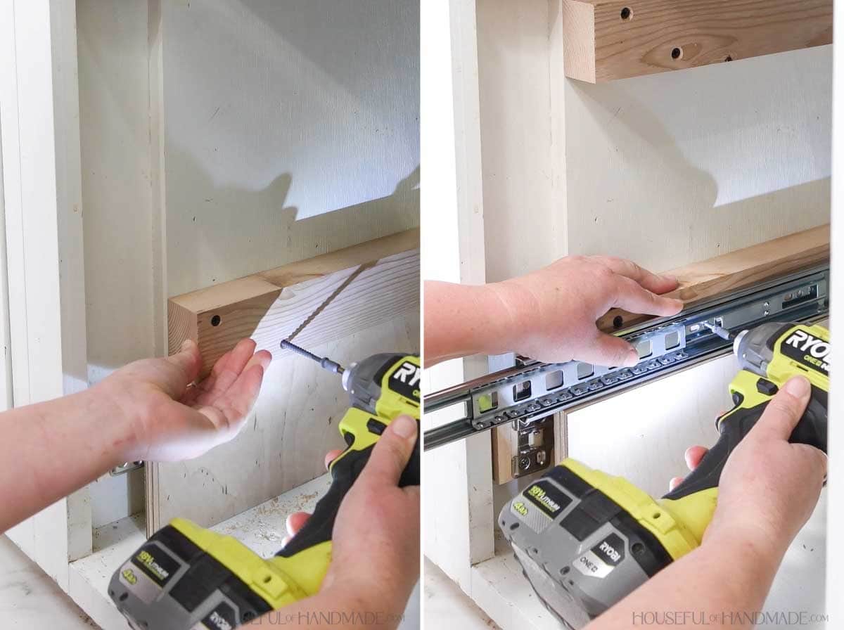 Attaching spaces to the side of the cabinet then attaching drawer sides on them. 