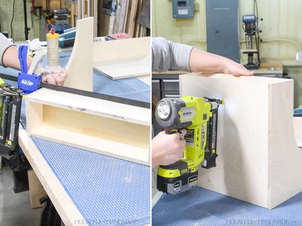 Attaching the top shelf between the sides. 