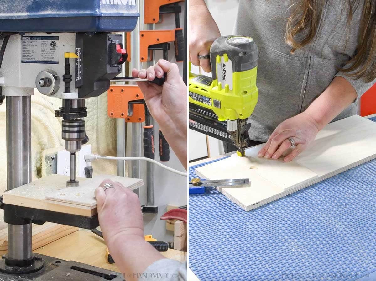 Drilling a U notch in the side supports for the paper towel holder and nailing them to the shelf sides. 