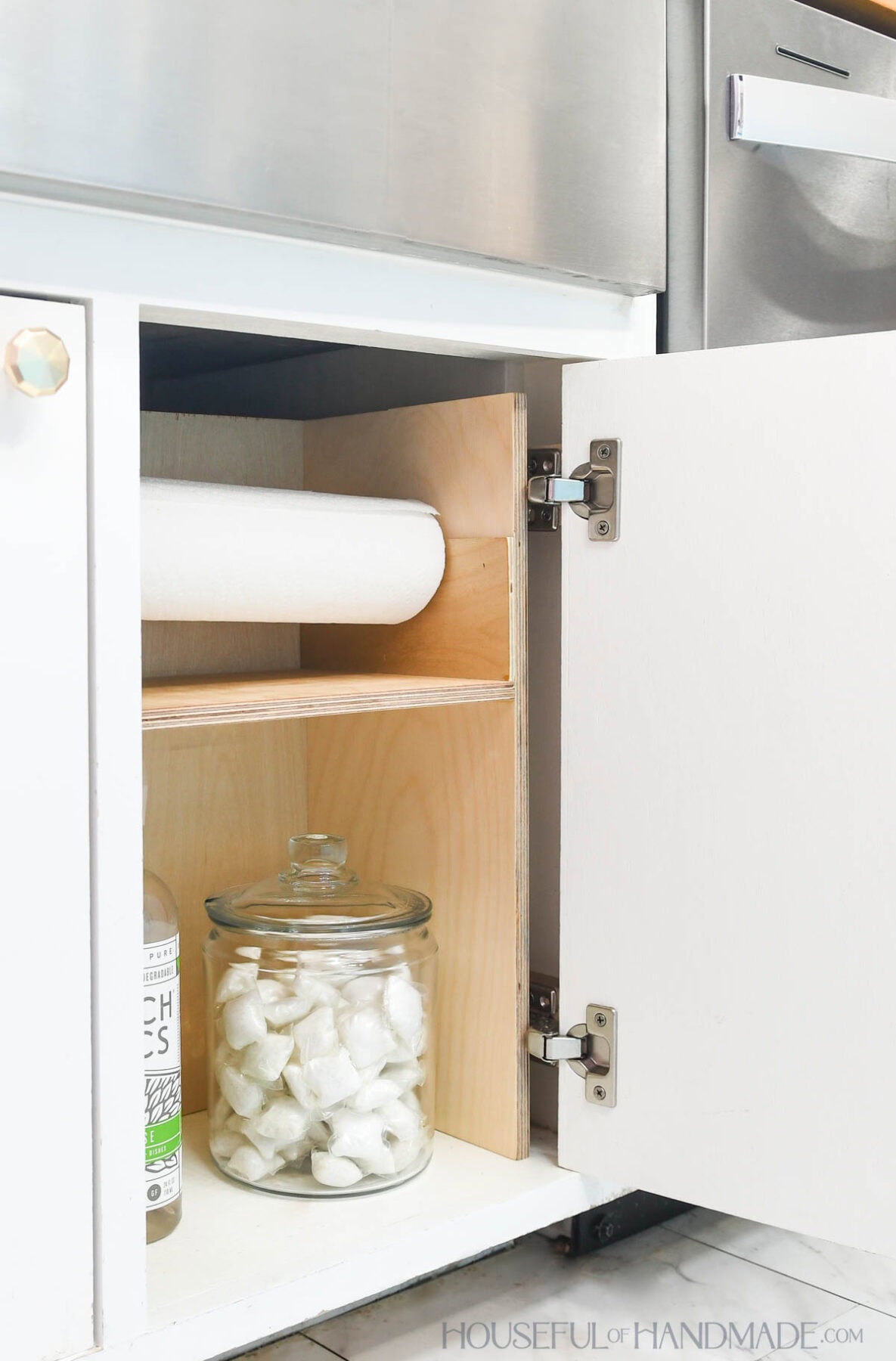 Shelf organizer under the kitchen sink with paper towel holder on top and room for cleaners and dish washing tabs on bottom. 