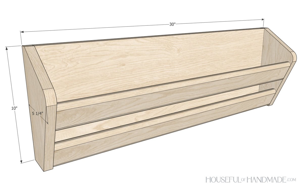 3D sketch of the wall mounted shoe rack with dimensions noted. 