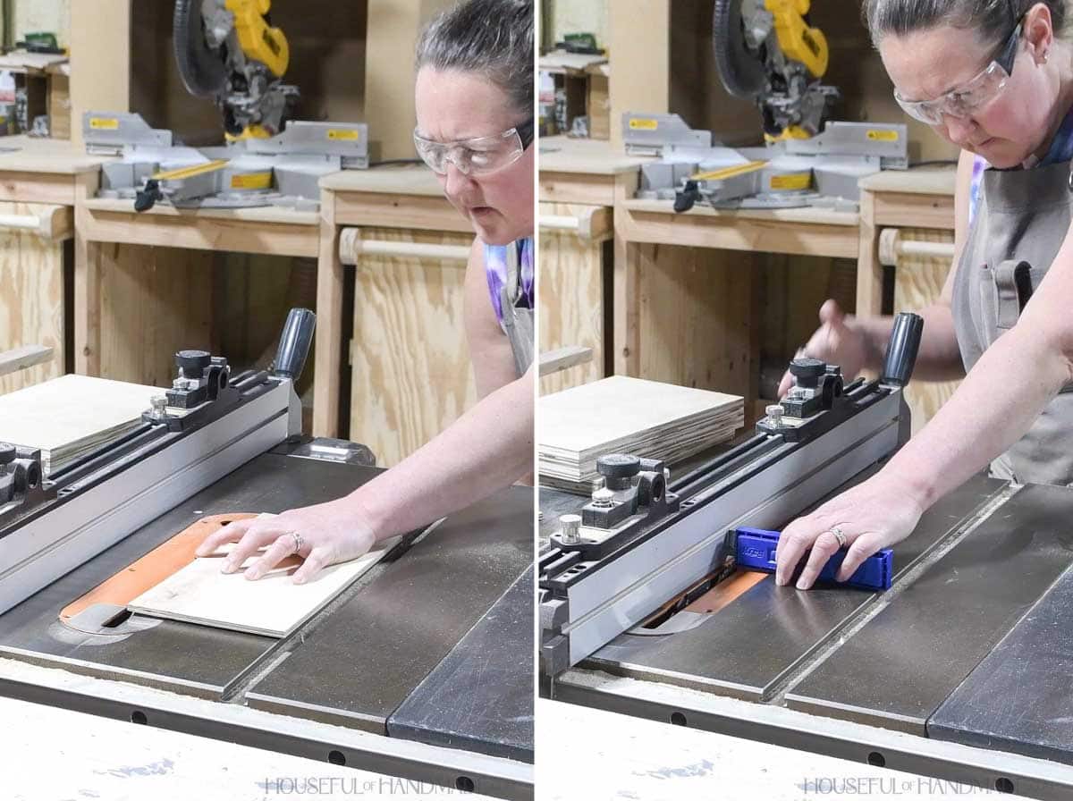 Setting up the table saw for cutting grooves.