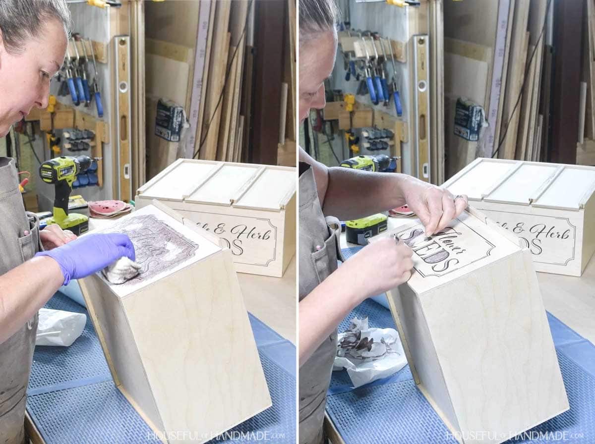 Applying a design with a vinyl stencil and wood stain.