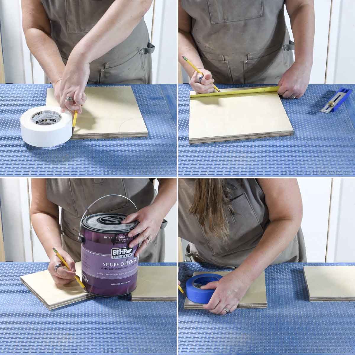 Drawing design on the plywood pieces using objects to create curves. 