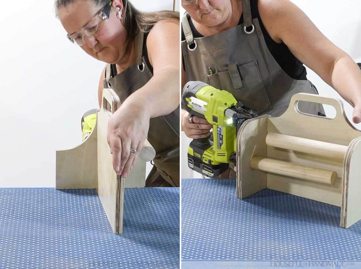 Attaching the center between the sides with nails. 