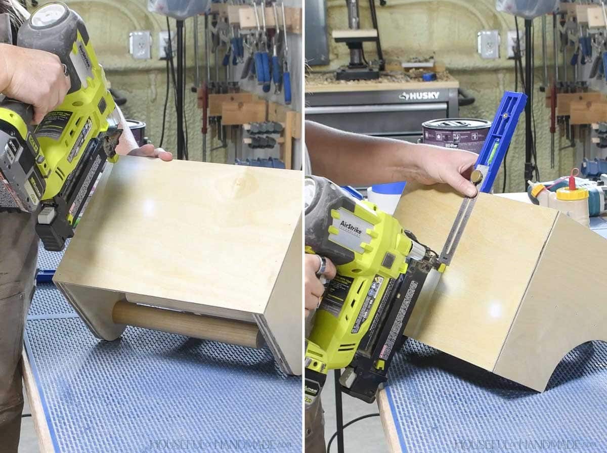 Securing the bottom with a brad nailer. 